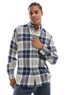 Polo Ralph Lauren Icon Logo Check Brushed Flannel Shirt In Cream/navy For Men