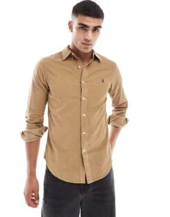 Polo Ralph Lauren Icon Logo Slim Fit Cord Shirt In Tan For Men