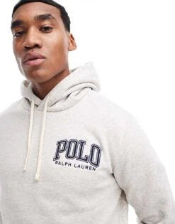 Polo Ralph Lauren Collegiate Logo Fleece Hoodie Classic Oversized Fit In Light Grey Marl For Men Lgrey