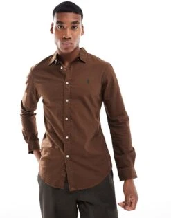 Polo Ralph Lauren Icon Logo Slim Fit Garment Dyed Oxford Shirt In Brown For Men