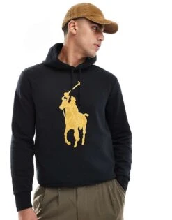 Polo Ralph Lauren Large Gold Player Fleece Hoodie In Black For Men