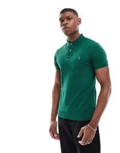 Polo Ralph Lauren Icon Logo Slim Fit Pique Polo In Dark Green For Men Dgreen