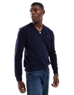 Polo Ralph Lauren Icon Logo V-neck Heavyweight Cotton Knit Jumper In Navy For Men