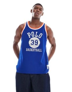 Polo Ralph Lauren Mesh Logo Basketball Vest In Mid Blue/orange For Men Mblue