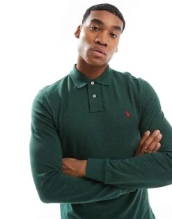 Polo Ralph Lauren Icon Logo Slim Fit Long Sleeve Pique Polo In Dark Green Marl For Men Dgreen