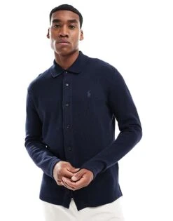 Polo Ralph Lauren Tonal Icon Logo Long Sleeve Button Through Cotton Knit Polo In Navy For Men