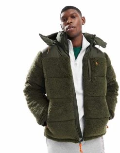 Polo Ralph Lauren Icon Logo Detatchable Hood Sherpa Borg Puffer Jacket In Olive Green For Men Dgreen
