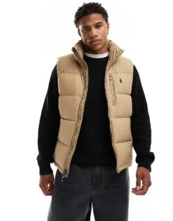 Polo Ralph Lauren Down Puffer Gilet In Khaki Tan For Men