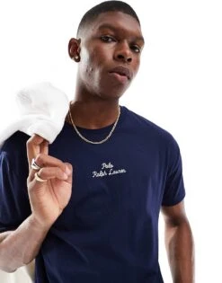 Polo Ralph Lauren Central Script Logo T-shirt Classic Oversized Fit In Navy For Men