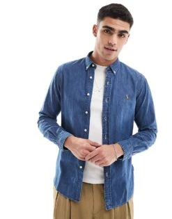 Polo Ralph Lauren Icon Logo Slim Fit Denim Shirt In Mid Wash For Men