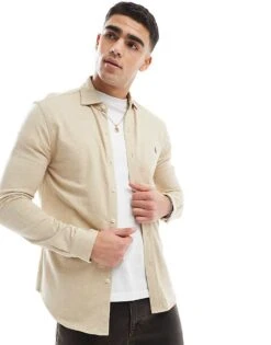 Polo Ralph Lauren Icon Logo Estate Collar Herringbone Print Jersey Shirt In Beige Marl For Men