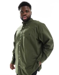Polo Ralph Lauren Big & Tall Icon Logo Stretch Poplin Shirt In Dark Green For Men