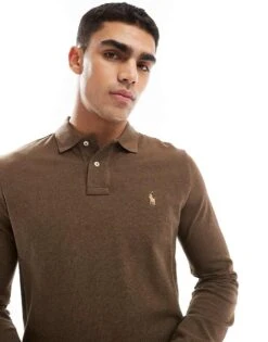 Polo Ralph Lauren Icon Logo Long Sleeve Pique Polo In Brown Marl For Men