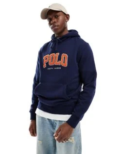 Polo Ralph Lauren Chenile Applique Logo Fleece Hoodie In Navy For Men