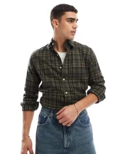 Polo Ralph Lauren Icon Logo Check Performance Brushed Twill Shirt In Dark Green For Men