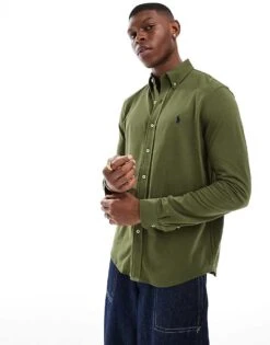 Polo Ralph Lauren Icon Logo Pique Shirt In Dark Green For Men