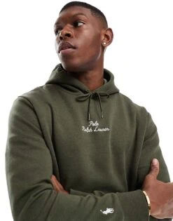 Polo Ralph Lauren Central Script Logo Double Knit Hoodie In Dark Green Marl For Men