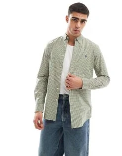 Polo Ralph Lauren Icon Logo Slim Fit Gingham Check Stretch Poplin Shirt In Green/white For Men