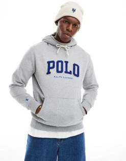 Polo Ralph Lauren Chenile Applique Logo Fleece Hoodie In Grey Marl For Men
