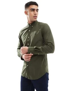 Polo Ralph Lauren Icon Logo Slim Fit Stretch Poplin Shirt In Dark Green For Men