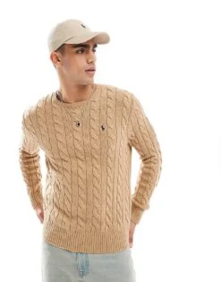 Polo Ralph Lauren Driver Icon Logo Roving Cotton Cable Knit Jumper In Camel Marl For Men