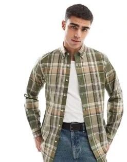 Polo Ralph Lauren Icon Logo Check Stretch Poplin Shirt In Dark Green For Men