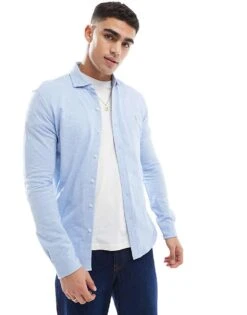 Polo Ralph Lauren Icon Logo Estate Collar Herringbone Print Jersey Shirt In Light Blue Marl For Men