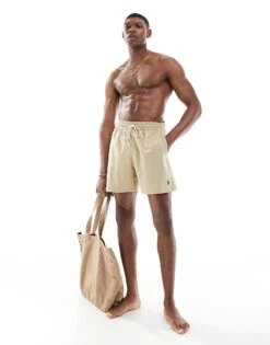 Polo Ralph Lauren Traveler Icon Logo Swim Shorts In Beige For Men