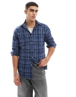 Polo Ralph Lauren Icon Logo Check Performance Brushed Twill Shirt In Mid Blue For Men