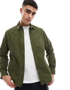 Polo Ralph Lauren Icon Logo Pocket Zip Front Garment Dyed Oxford Over Shirt In Dark Green For Men