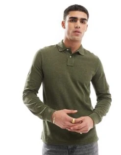Polo Ralph Lauren Icon Logo Long Sleeve Pique Polo In Dark Green Marl For Men