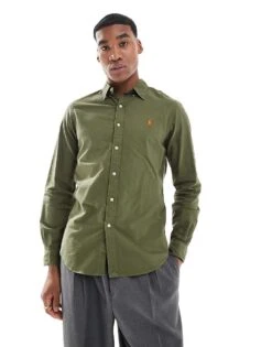 Polo Ralph Lauren Icon Logo Slim Fit Garment Dyed Oxford Shirt In Dark Green For Men