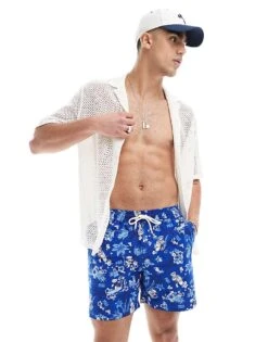 Polo Ralph Lauren Traveler Hibiscus Bear Print Swim Shorts In Mid Blue For Men