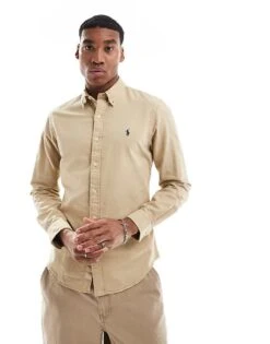 Polo Ralph Lauren Icon Logo Slim Fit Garment Dyed Oxford Shirt In Beige For Men
