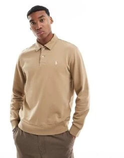 Polo Ralph Lauren Icon Logo Half Zip Loopback Terry Sweatshirt In Khaki Tan For Men