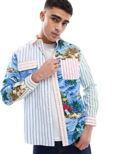 Polo Ralph Lauren Tropical Patchwork Print Oxford Shirt Classic Oversized Fit In Dark Blue For Men
