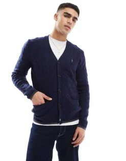 Polo Ralph Lauren Icon Logo Wool Cable Knit Cardigan In Charcoal Marl For Men