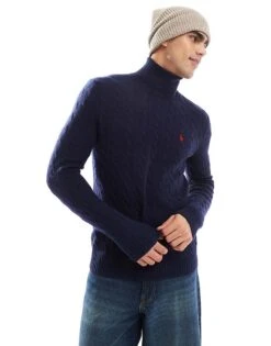 Polo Ralph Lauren Icon Logo Wool Cable Knit Half Zip Jumper In Navy For Men