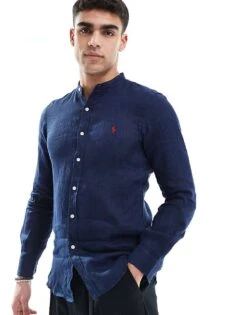 Polo Ralph Lauren Icon Logo Slim Fit Grandad Collar Linen Shirt In Navy For Men