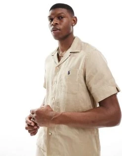 Polo Ralph Lauren Icon Logo Short Sleeve Revere Collar Linen Shirt Classic Oversized Fit In Beige CO-ORD For Men