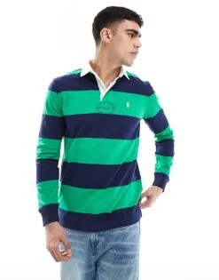 Polo Ralph Lauren Icon Logo Stripe Rugby Polo In Navy/green For Men Newport Navy