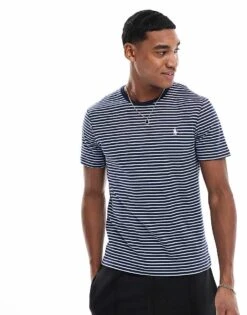 Polo Ralph Lauren Icon Logo Stripe Pima Cotton T-shirt Custom Fit In Navy/blue For Men