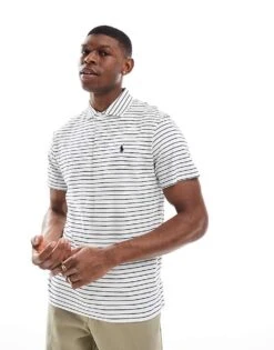 Polo Ralph Lauren Icon Logo Stripe Pima Cotton Polo Custom Fit In White/navy For Men