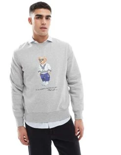 Polo Ralph Lauren Campus Bear Print Fleece Sweatshirt In Grey Marl For Men
