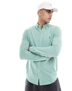 Polo Ralph Lauren Icon Logo Pique Shirt In Green Marl For Men