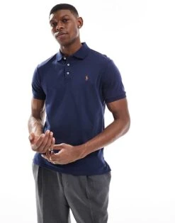 Polo Ralph Lauren Icon Logo Pima Cotton Polo Custom Fit In Navy For Men