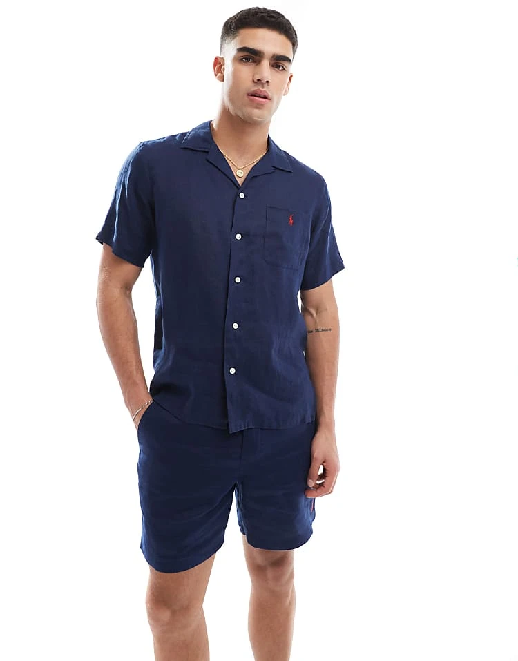 Polo Ralph Lauren Icon Logo Short Sleeve Revere Collar Linen Shirt Classic Oversized Fit In Navy CO-ORD For Men - Image 5