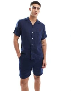 Polo Ralph Lauren Icon Logo Short Sleeve Revere Collar Linen Shirt Classic Oversized Fit In Navy CO-ORD For Men