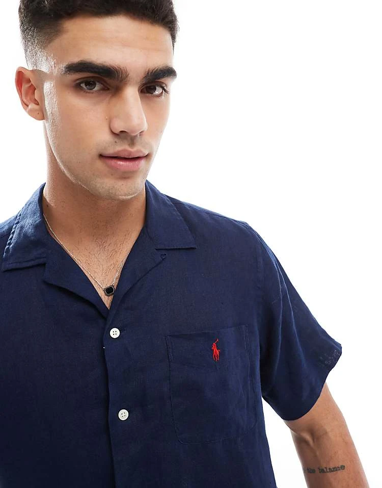 Polo Ralph Lauren Icon Logo Short Sleeve Revere Collar Linen Shirt Classic Oversized Fit In Navy CO-ORD For Men - Image 2
