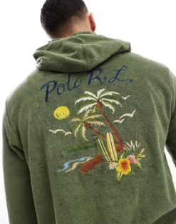 Polo Ralph Lauren Back Embroid Lightweight Cotton Terry Hoodie In Mid Green For Men